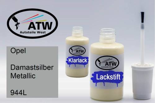 Opel, Damastsilber Metallic, 944L: 20ml Lackstift + 20ml Klarlack - Set, von ATW Autoteile West.